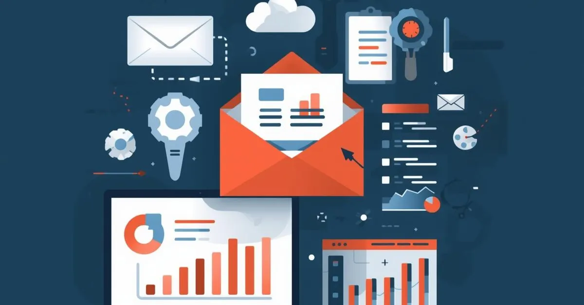 Illustration showing email analytics and performance tracking, including open rates, click rates, and campaign performance dashboards.