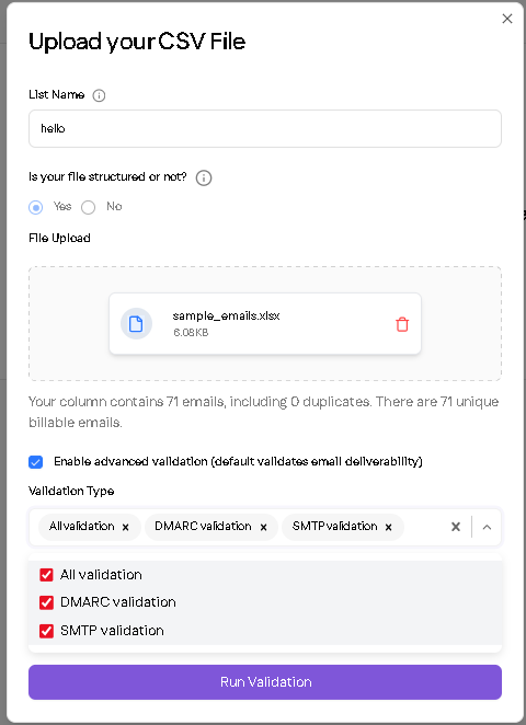 upload file for validation